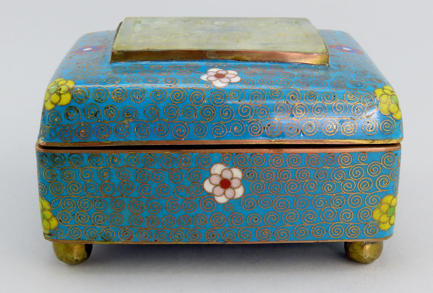 c1890 Chinese Cloisonné Box Blue w/ Flowers Carved Soapstone Top 3 1/2" Long