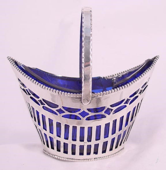 Antique 1790s American Coin Silver Cobalt Blue Glass Basket Bowl/Dish