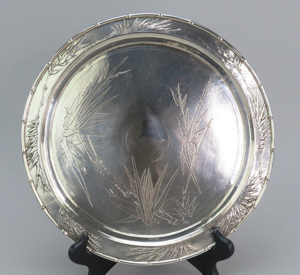 Beautiful c1900 Chinese Export Silver Hand Engraved Bamboo Design Round Tray