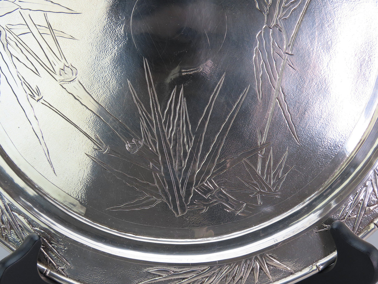 Beautiful c1900 Chinese Export Silver Hand Engraved Bamboo Design Round Tray