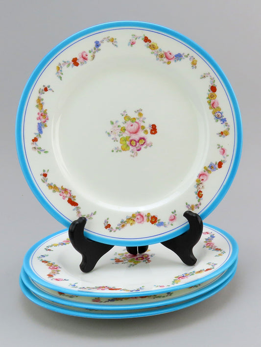 Great set 4 1898 Minton's Sky Blue China Floral Dessert Salad Plates