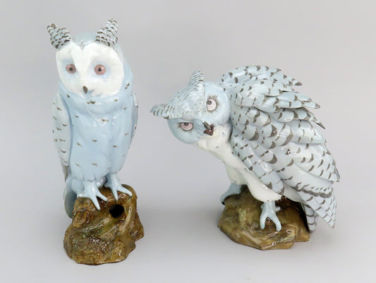 Impressive c1900 Pair Limoges French Porcelain Owl Figurines Large Size