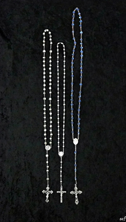 3 Sterling Silver and Beaded Rosaries Glass and MOP Beads Lovely Crucifixes