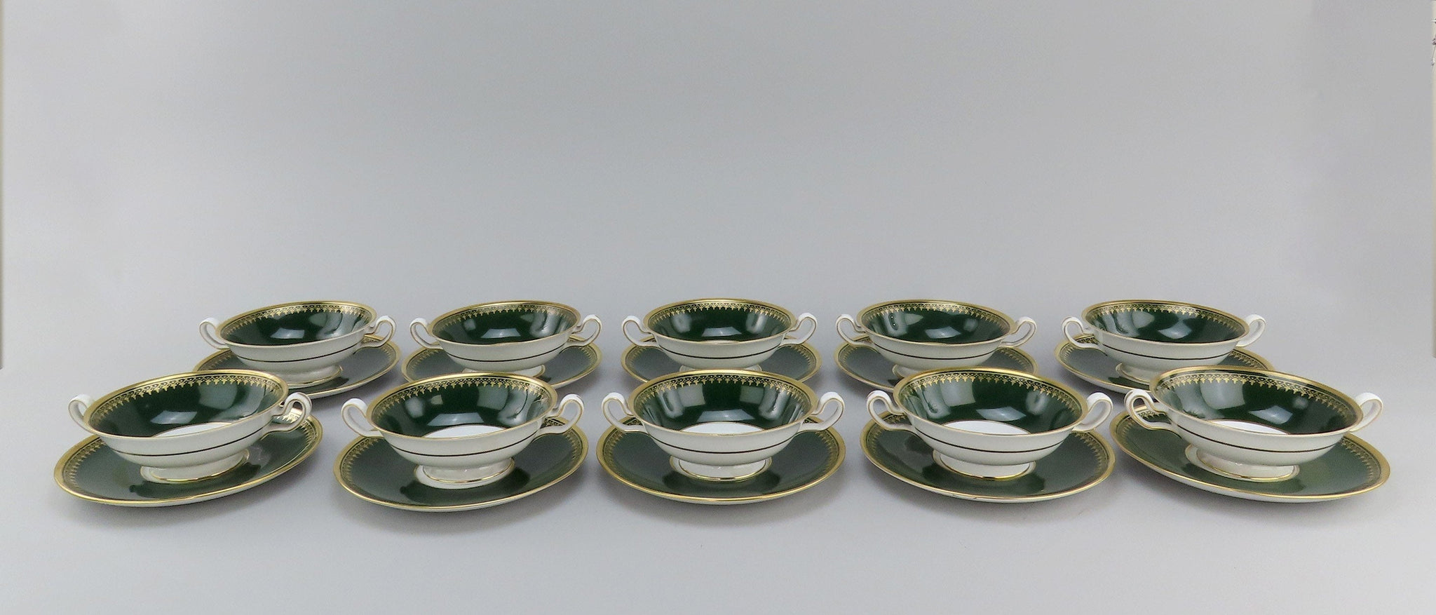 10 Spode Y7392 Porcelain 2 Handled Bullion Broth Bowls w/ Underplates Green Gold