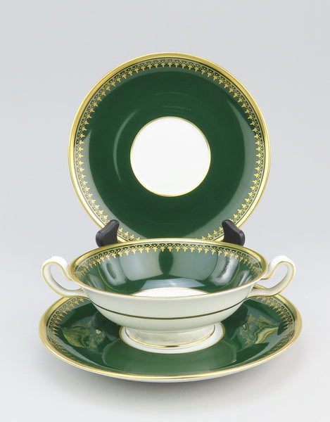 10 Spode Y7392 Porcelain 2 Handled Bullion Broth Bowls w/ Underplates Green Gold