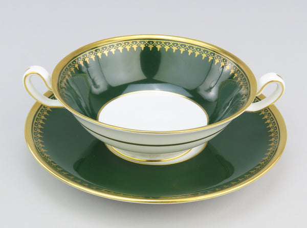 10 Spode Y7392 Porcelain 2 Handled Bullion Broth Bowls w/ Underplates Green Gold