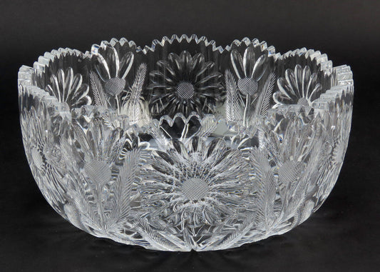 Rare Quality American or English Cut Glass Daisy Sunflower Floral Bowl 8.75"