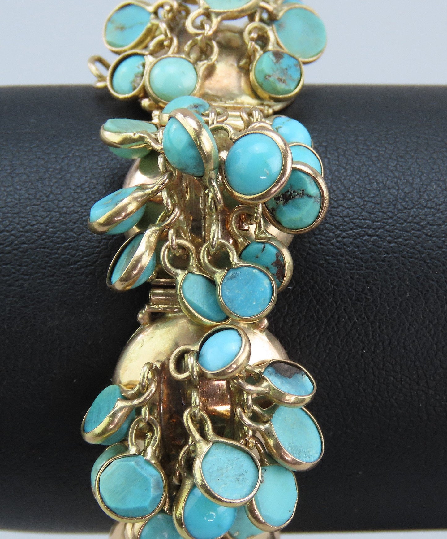 Stunning 14k Yellow Gold Turquoise Cabochon Dangle Tassel Jingle Bracelet