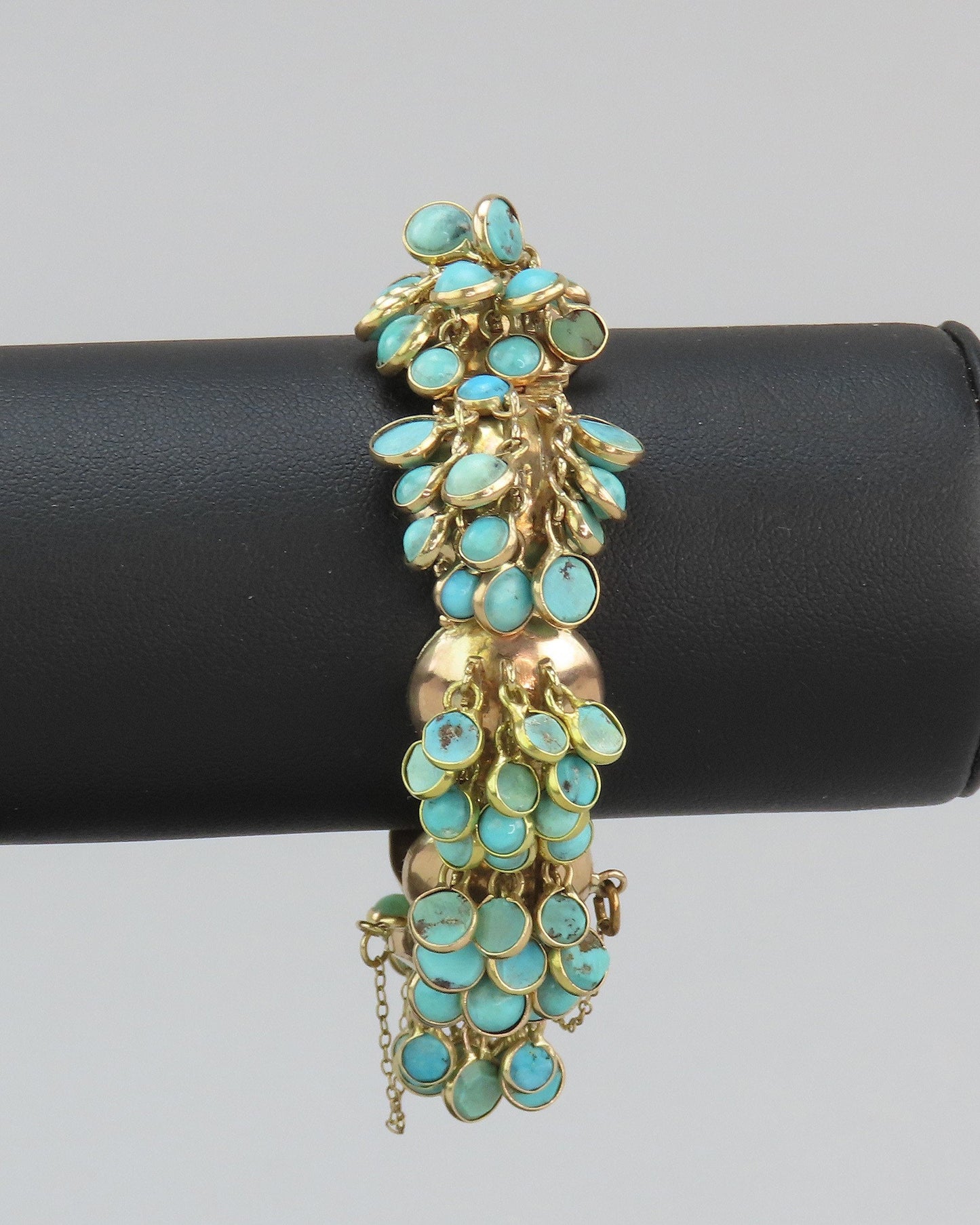 Stunning 14k Yellow Gold Turquoise Cabochon Dangle Tassel Jingle Bracelet