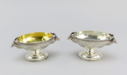 Pair John Westervelt Coin Silver Master Salt Cellars Deer/Stag Handles