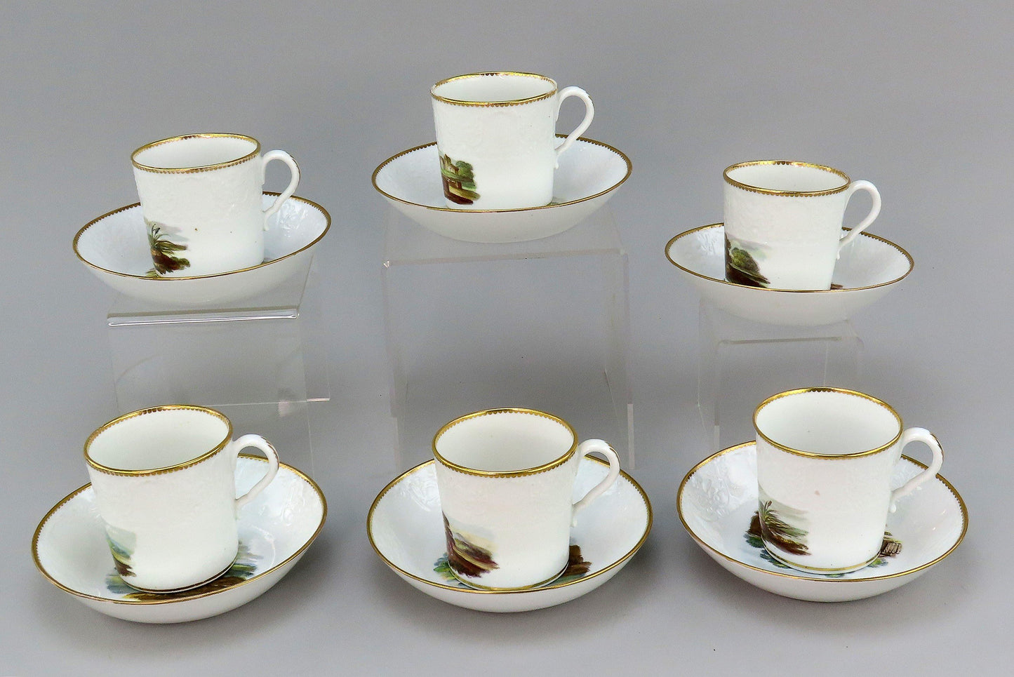 c1800 Porcelain Coffee Cups Saucers 6 Set Hand Painted English Countryside
