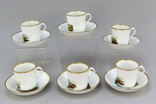 c1800 Porcelain Coffee Cups Saucers 6 Set Hand Painted English Countryside