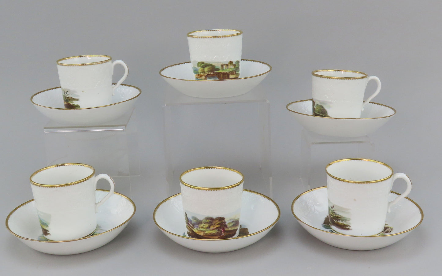 c1800 Porcelain Coffee Cups Saucers 6 Set Hand Painted English Countryside