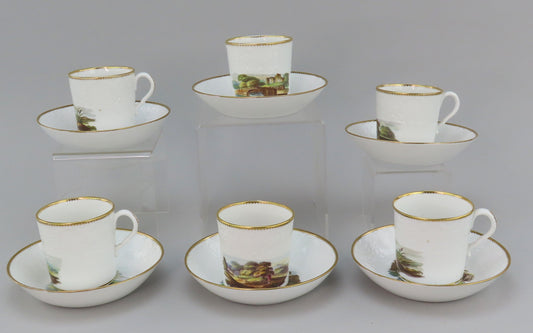 c1800 Porcelain Coffee Cups Saucers 6 Set Hand Painted English Countryside