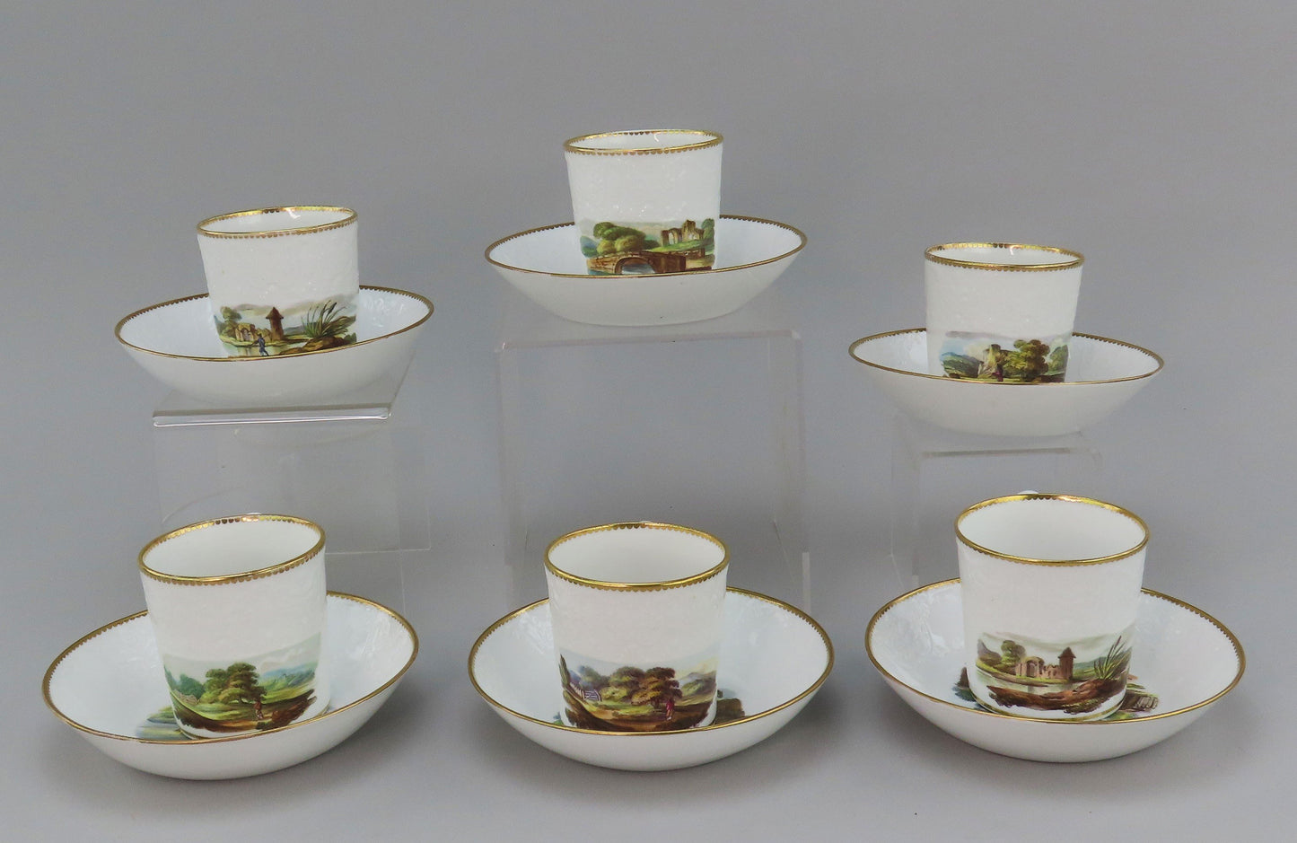 c1800 Porcelain Coffee Cups Saucers 6 Set Hand Painted English Countryside