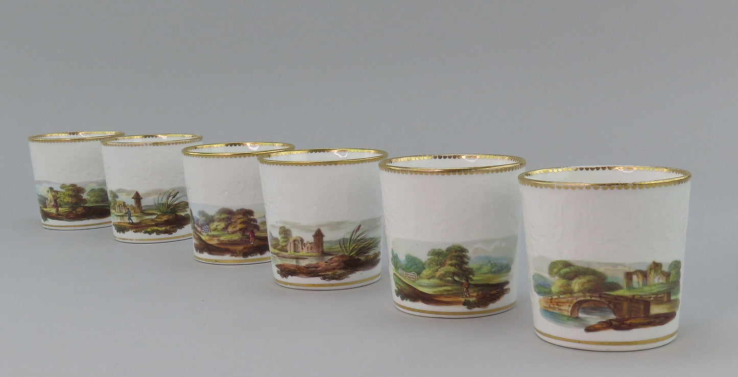 c1800 Porcelain Coffee Cups Saucers 6 Set Hand Painted English Countryside