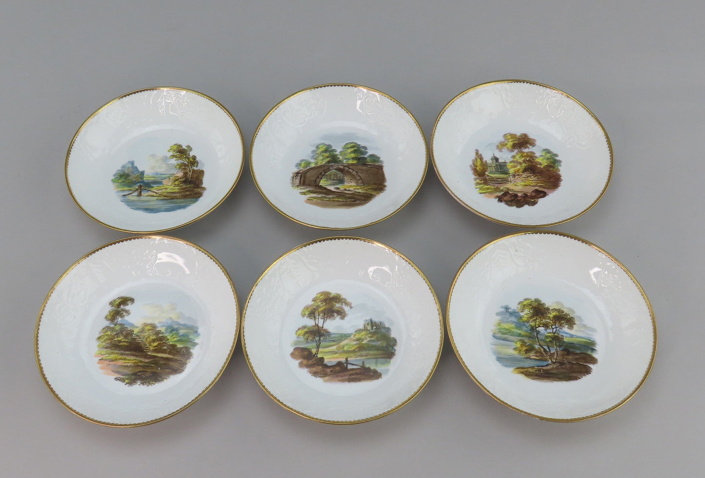 c1800 Porcelain Coffee Cups Saucers 6 Set Hand Painted English Countryside