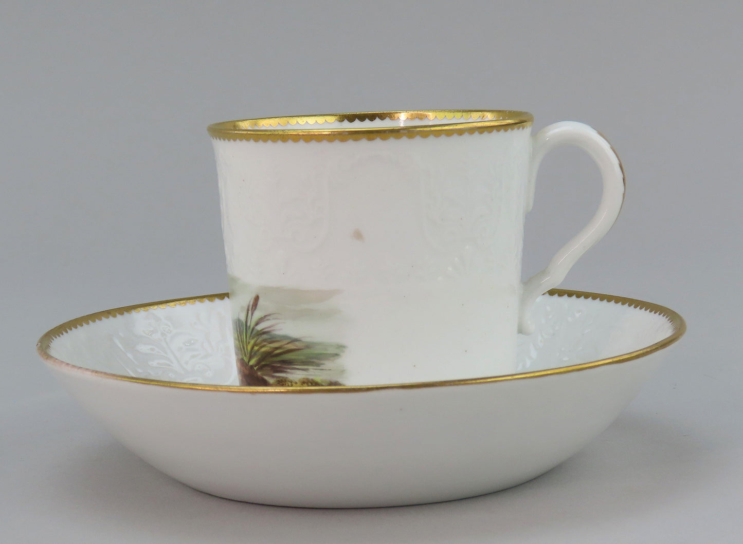 c1800 Porcelain Coffee Cups Saucers 6 Set Hand Painted English Countryside