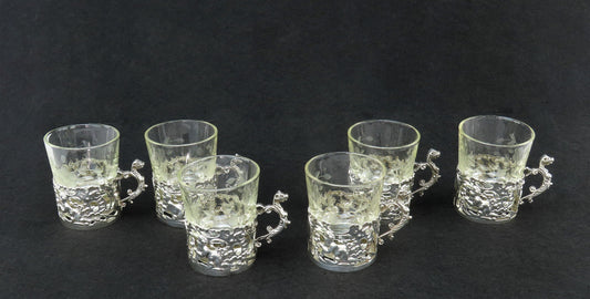 Lovely Set 6 1901 English Sterling Silver Glass Insert Handle Tea Liquor Cups
