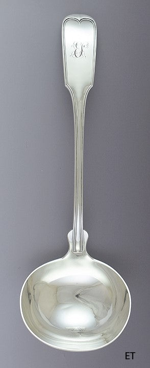 c1852-1866 Antique American Coin Silver Fiddle Thread Serving Ladle 13 1/4"