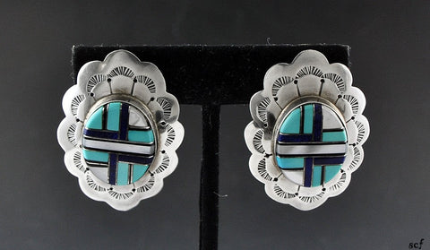 Sterling Silver and Genuine Stone Earrings Pierced Mosaic Design