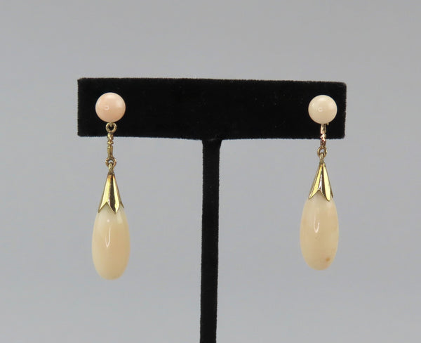 Elegant VTG 14k Yellow Gold Pink Peach Coral Drop Dangle Earrings