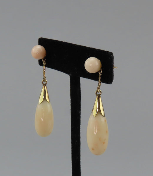 Elegant VTG 14k Yellow Gold Pink Peach Coral Drop Dangle Earrings