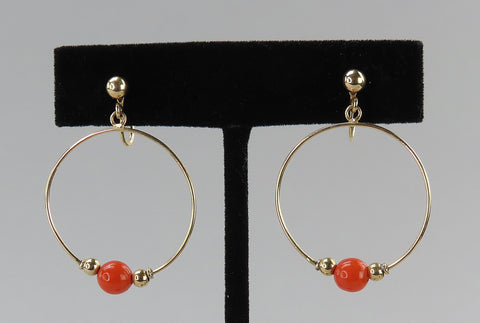 Beautiful 14k Yellow Gold Screw Back Drop Hoops Coral Bead Center