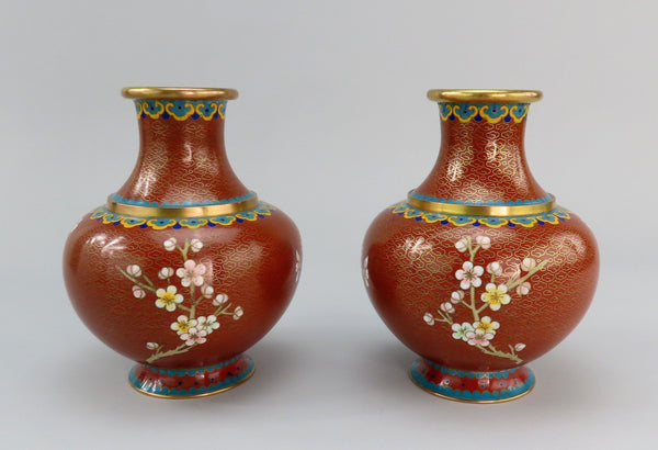 Fabulous Mid 20th Century Pair Cloisonne Vases Red w/ Pink Flowers 6 1/4" Tall