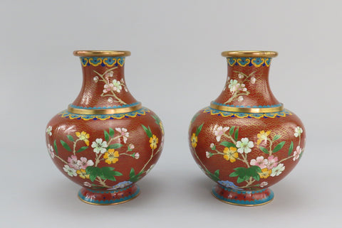 Fabulous Mid 20th Century Pair Cloisonne Vases Red w/ Pink Flowers 6 1/4" Tall