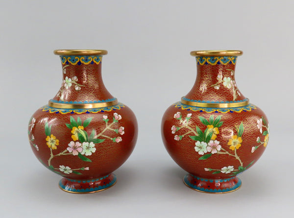 Fabulous Mid 20th Century Pair Cloisonne Vases Red w/ Pink Flowers 6 1/4" Tall