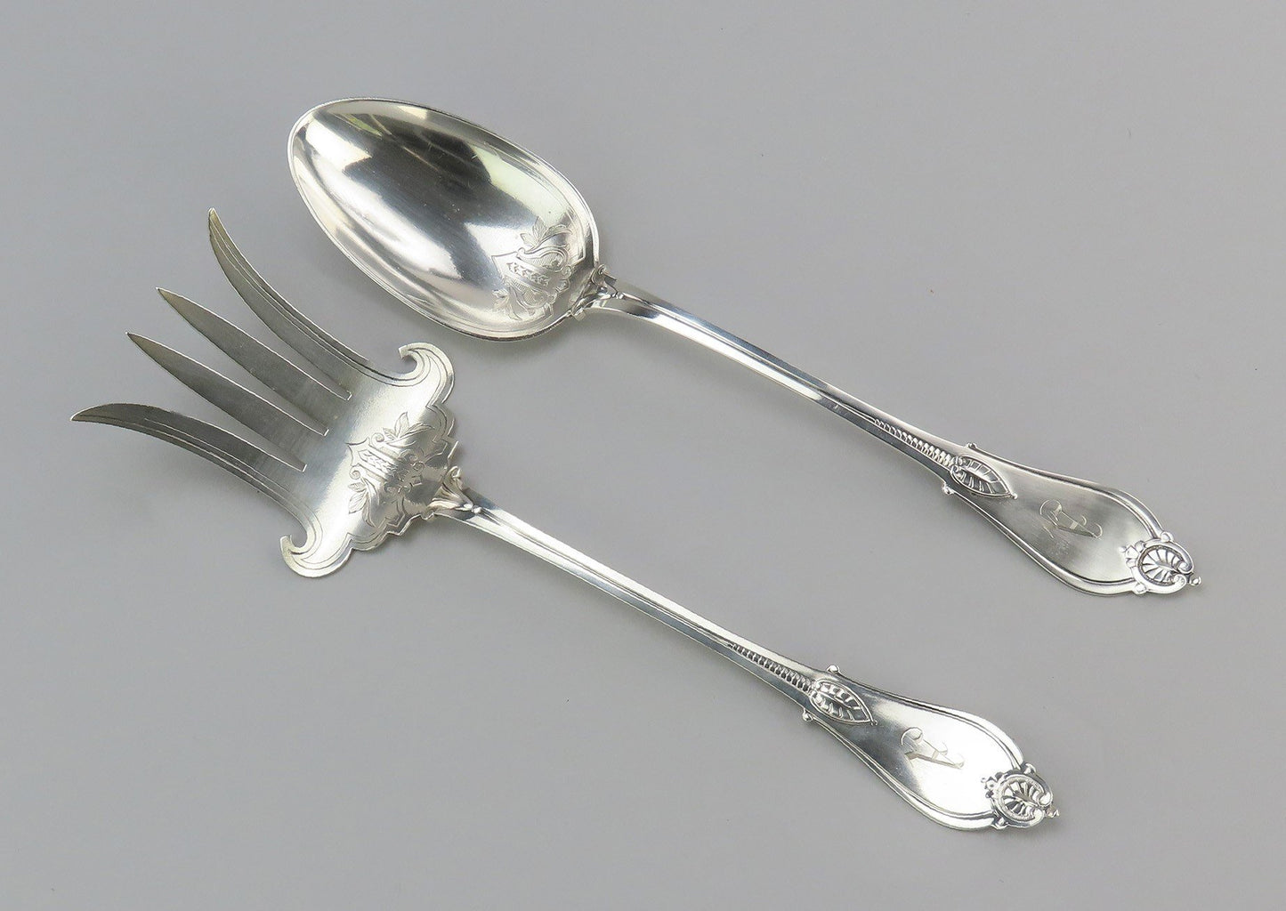 Fancy Whiting Armor pat Sterling Silver Salad Serving Set A MONO 10 3/4 in