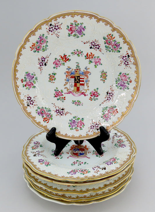 Pretty Set 6 Antique Samson French Porcelain Armorial Crest Floral Lunch Plates