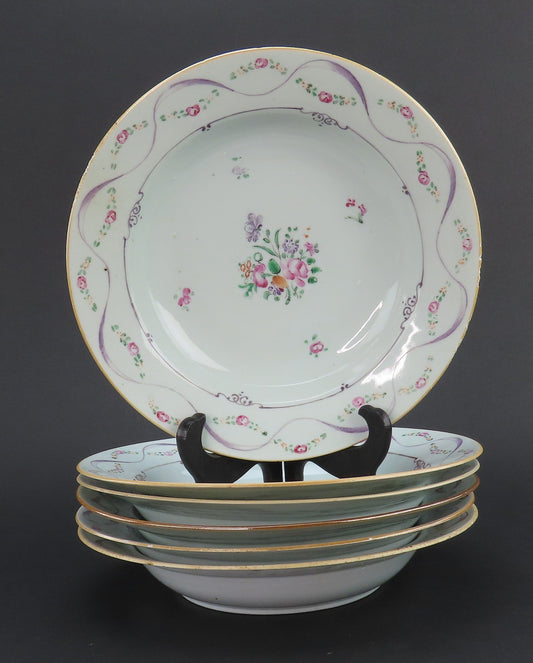 Superb Set 6 c1790s Chinese Export Porcelain Pink Floral 9" Soup Salad Bowls