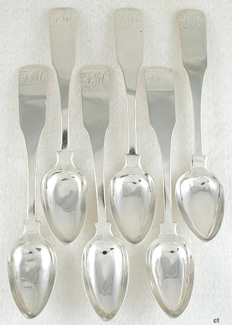 6 Antique Baltimore Coin Silver Fiddle pat Spoons Stone