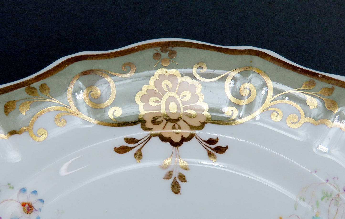 Fine set 17 English Staffordshire Davenport Sage Green Floral Gilt 9.5" Plates