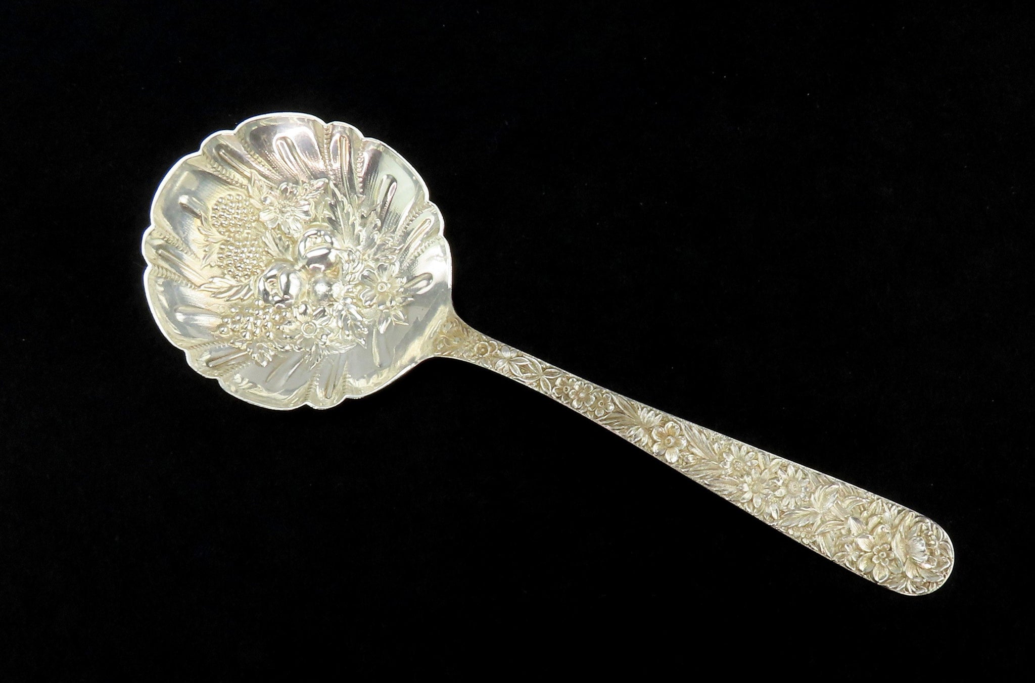 Pristine Mid/Late 1800s Kirk Sterling Silver Repousse 9.25" Fruit Serving Spoon