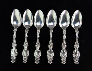 6 Old Beautiful Whiting Lily Sterling Silver Dessert Oval Soup Spoons 6 7/8"