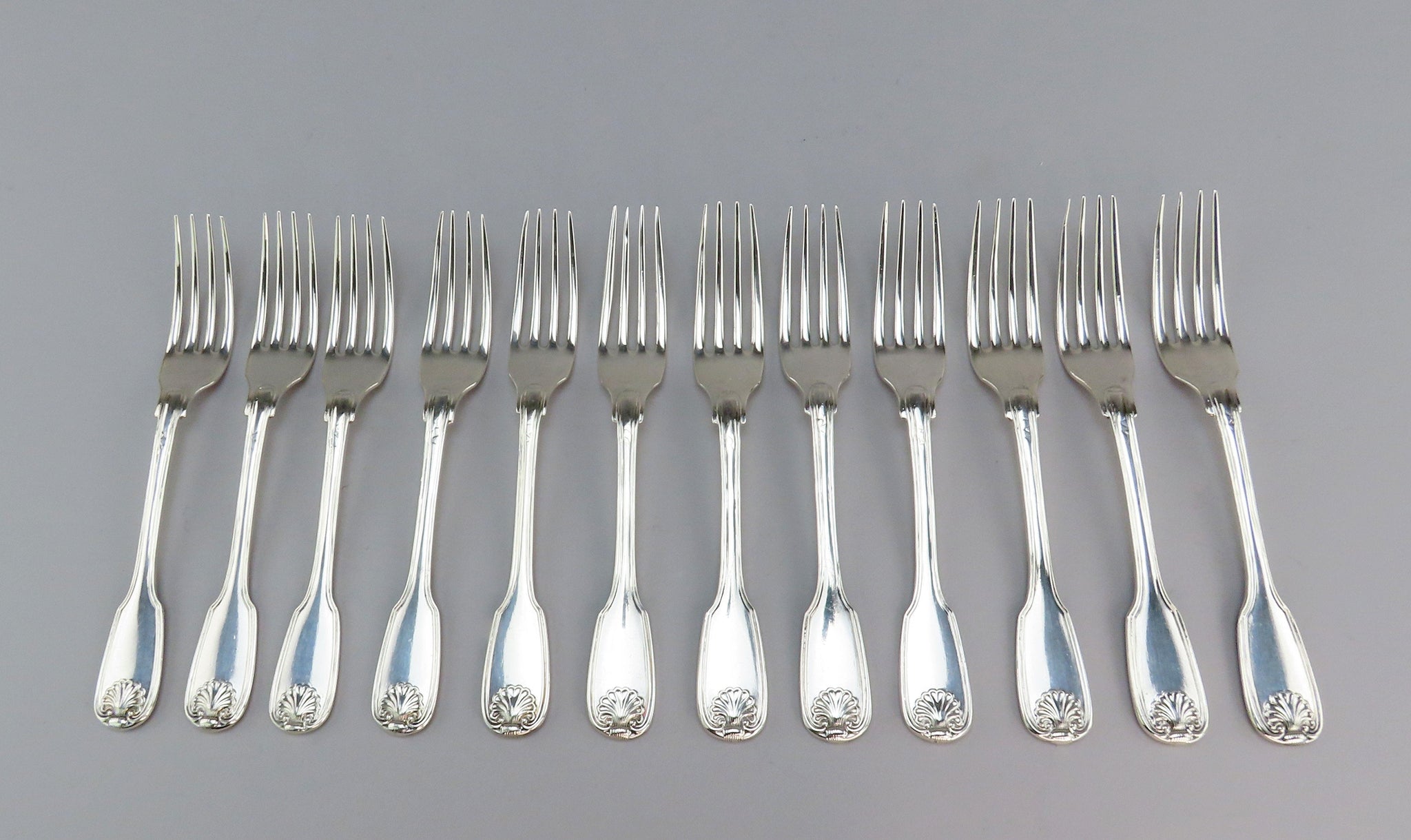 12 c1820 French 1st Standard .950 Sterling Silver Fiddle Thread Shell Forks 7"