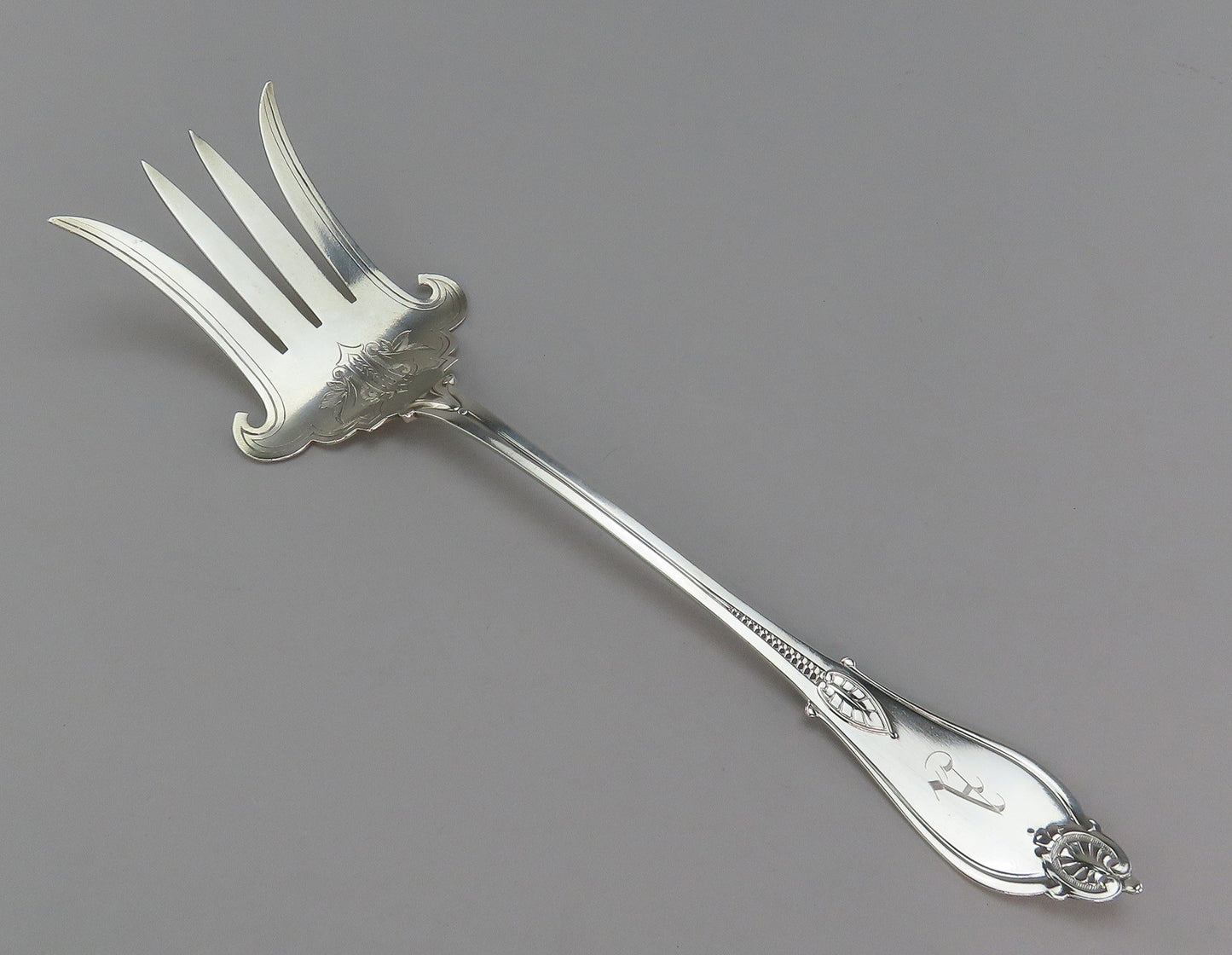 Fancy Whiting Armor pat Sterling Silver Salad Serving Set A MONO 10 3/4 in