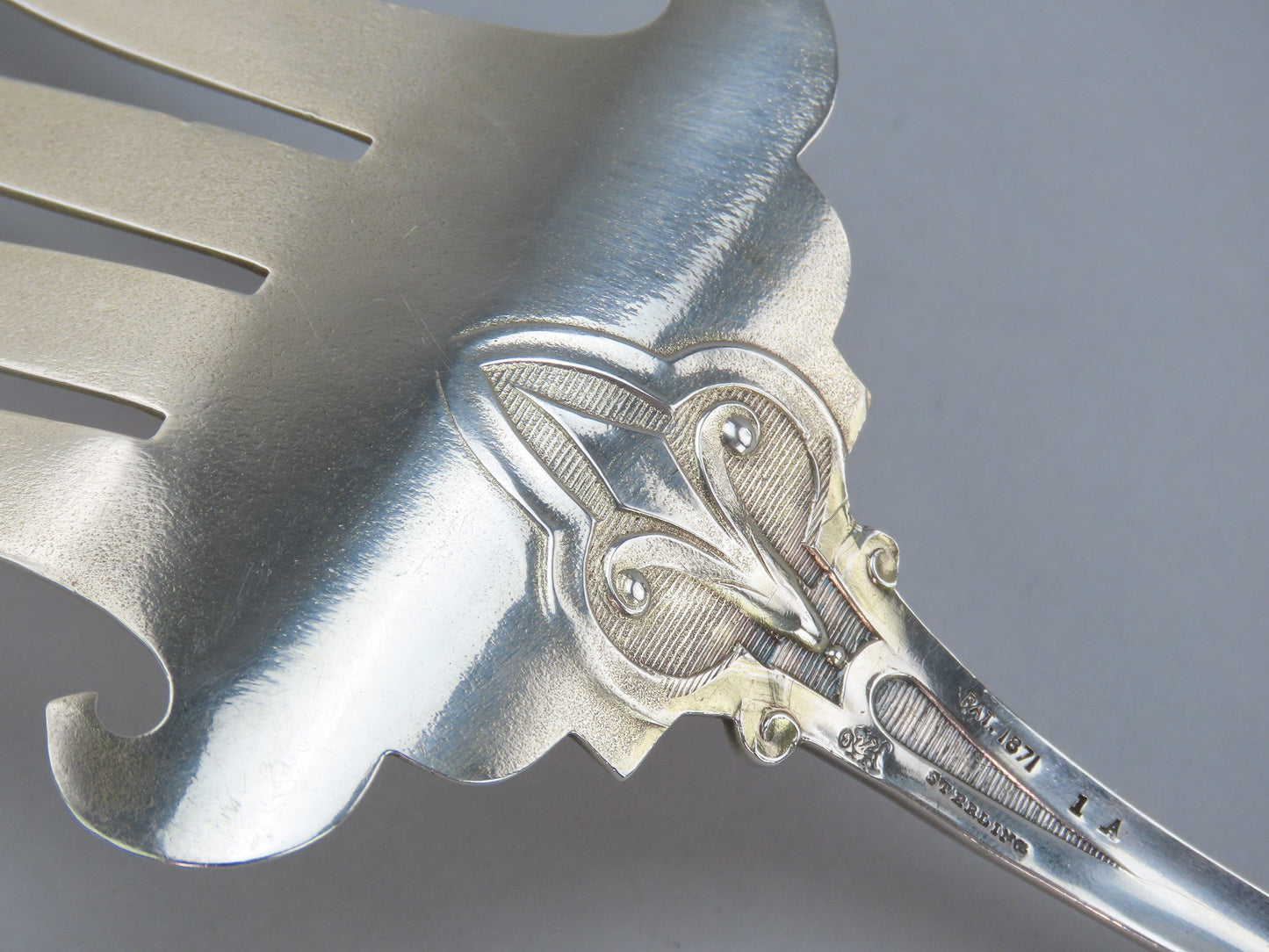 Fancy Whiting Armor pat Sterling Silver Salad Serving Set A MONO 10 3/4 in