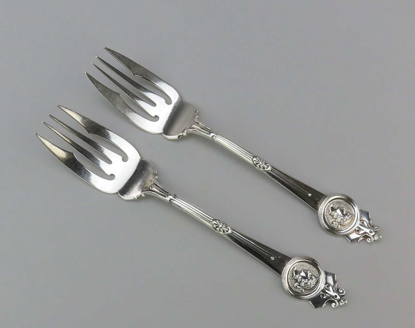 Pair Superb Antique Gorham Medallion Sterling Salad or Fish Forks