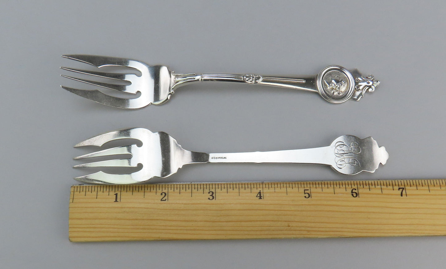 Pair Superb Antique Gorham Medallion Sterling Salad or Fish Forks