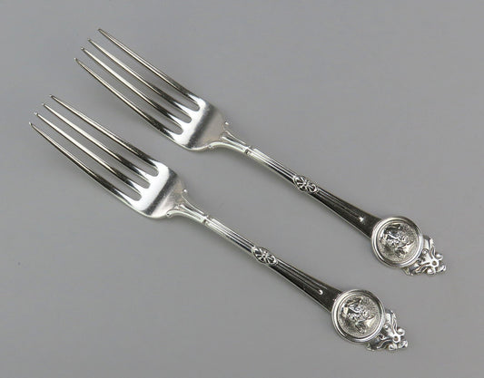 Pair Superb Antique Gorham Medallion Sterling Dinner Forks 7 3/8 inches