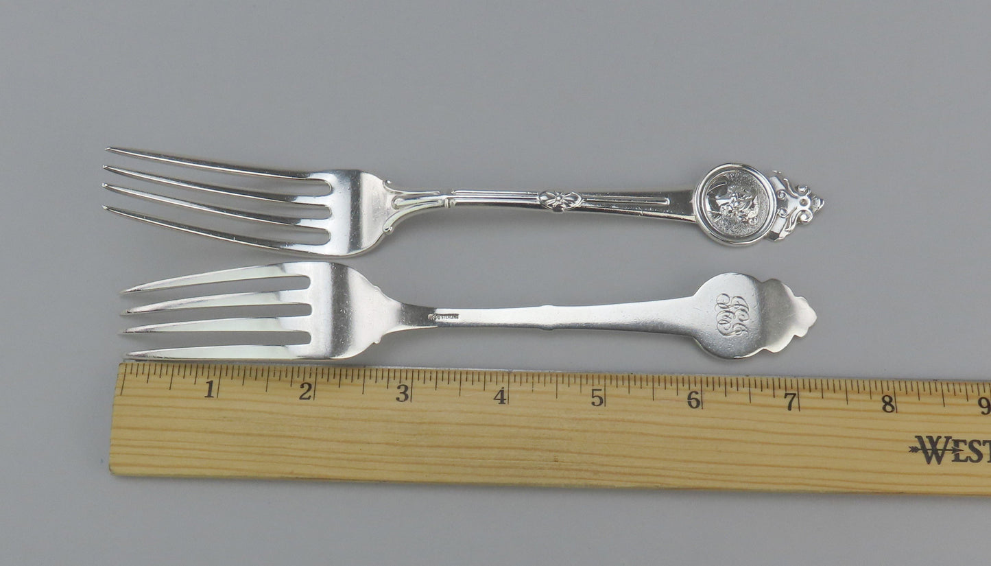 Pair Superb Antique Gorham Medallion Sterling Dinner Forks 7 3/8 inches
