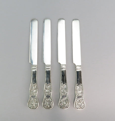 BEST 1850s Set of 4 Chinese Export Silver Knives Bamboo by Khecheong 7 3/4"