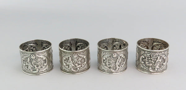 Fabulous Set Chinese Export Mid-1800s Silver Napkin Rings w/ Original Box