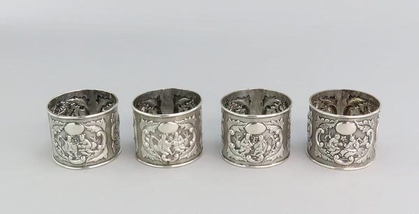 Fabulous Set Chinese Export Mid-1800s Silver Napkin Rings w/ Original Box