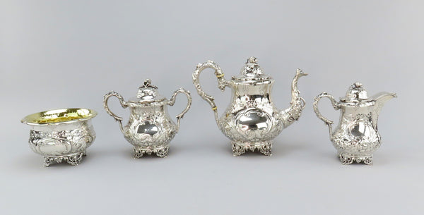 c1850s Gorgeous American Coin Silver 4 Piece Tea Set Fargo Family Monogram