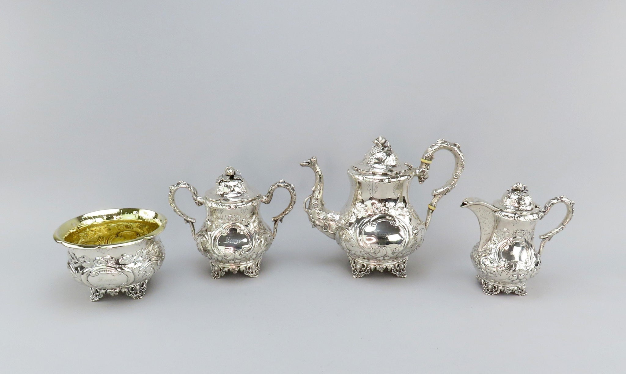 c1850s Gorgeous American Coin Silver 4 Piece Tea Set Fargo Family Monogram